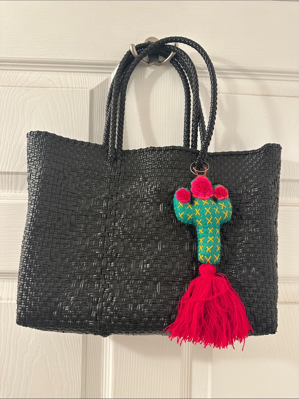 MEXICANA Black Woven Tote with Pink & Green Cactus Charm